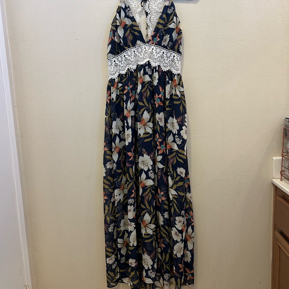 Floral Halter Maxi Dress - Navy and White